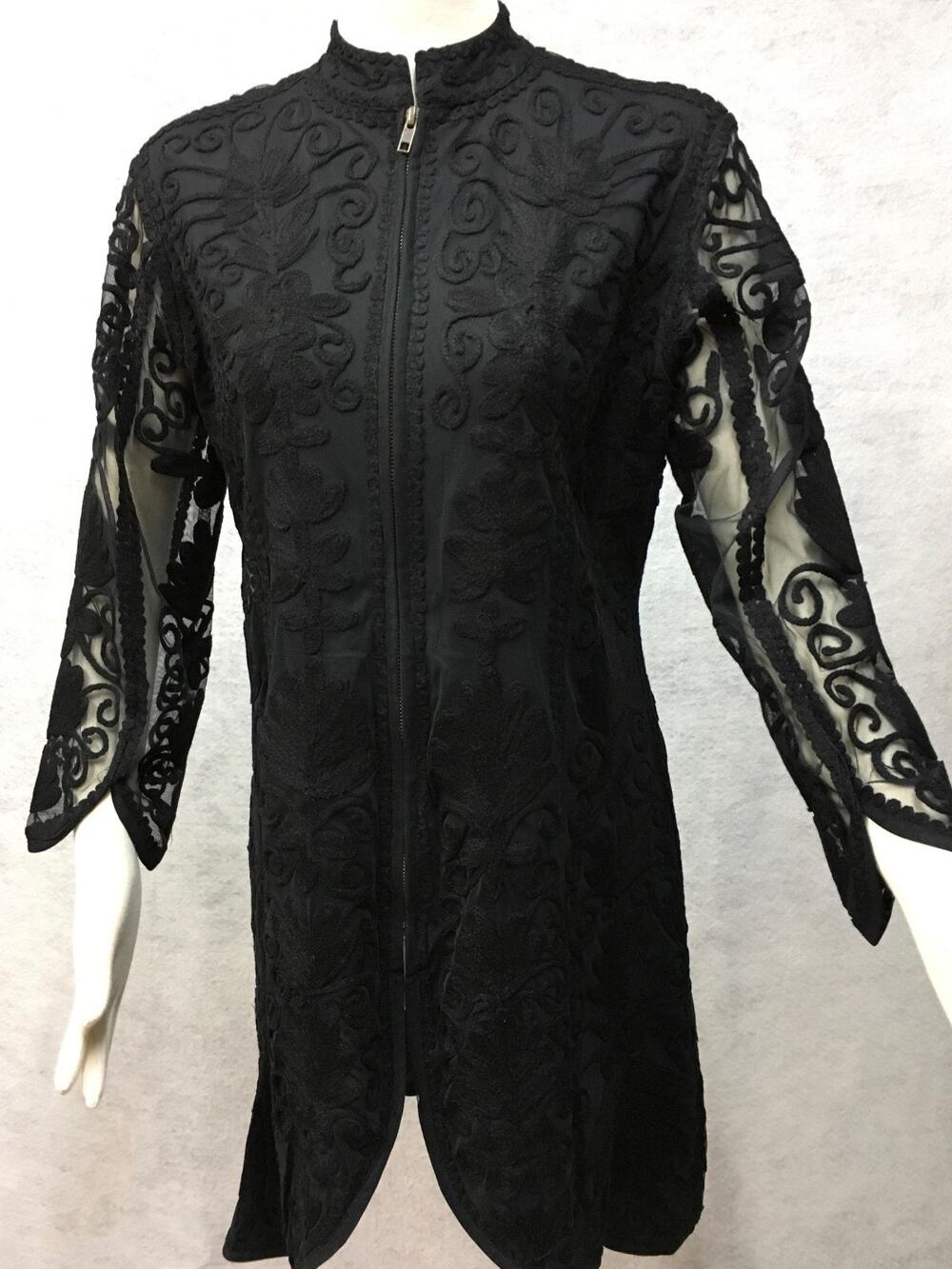 Vintage Collection Black Lace Long Lined Body Zip Up Front Coat Size Large